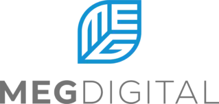 Logo de MEG DIGITAL en forme de feuille stylisée intégrant les lettres M, E et G, sur fond bleu avec des motifs évoquant le numérique.