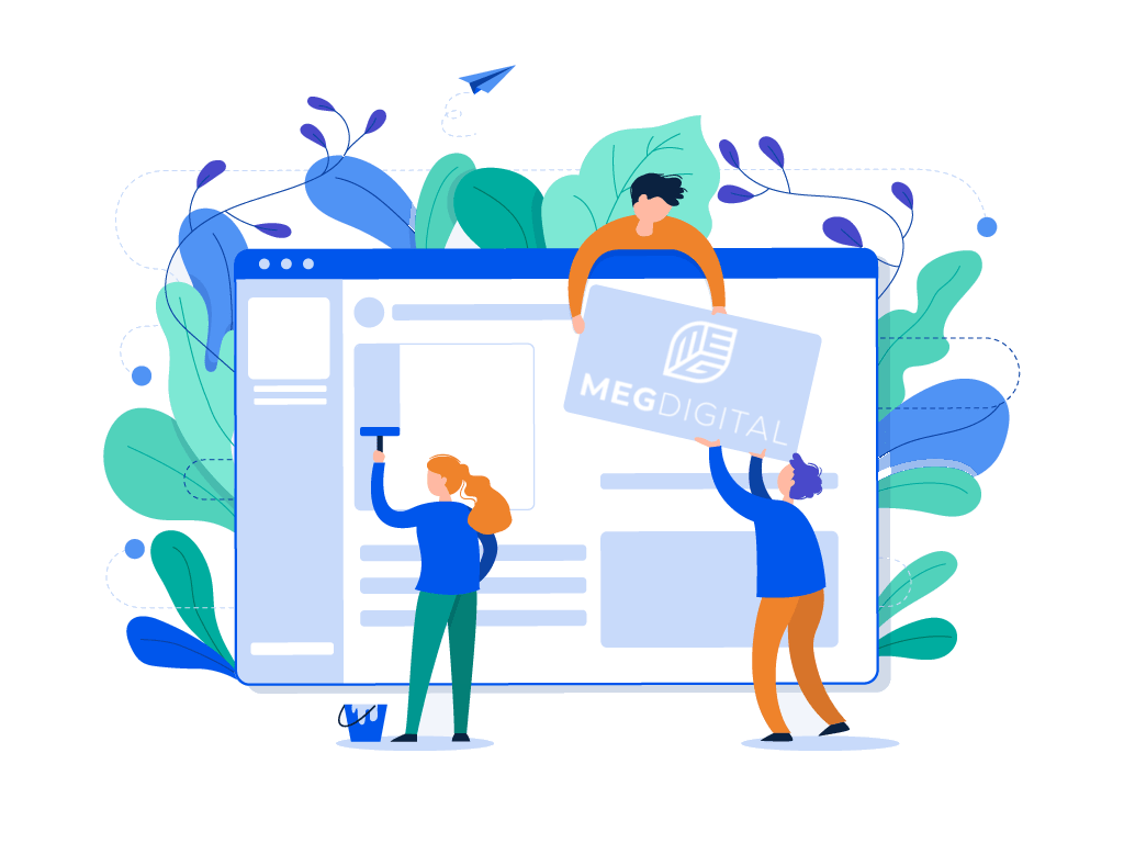 Illustration de trois personnes créant un site web. L'une peint une zone de contenu, une autre colle un panneau avec le logo MEG DIGITAL en forme de feuille, et la troisième observe depuis le haut de l'écran. En arrière-plan, des feuilles stylisées et une ambiance numérique suggèrent la créativité et la technologie.