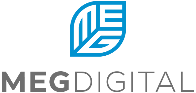 Logo de MEG DIGITAL en forme de feuille stylisée intégrant les lettres M, E et G, sur fond bleu avec des motifs évoquant le numérique.